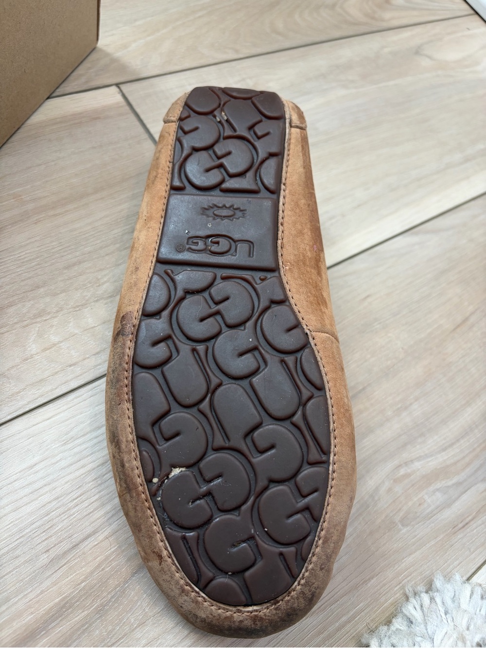 UGG Chestnut Suede Moccasin Slippers with Shearling Trim - Picture 10 of 12